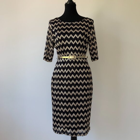Connected Apparel Navy Blue and Gold Dress with Vegan Leather Belt - Size 12 - Picture 1 of 7